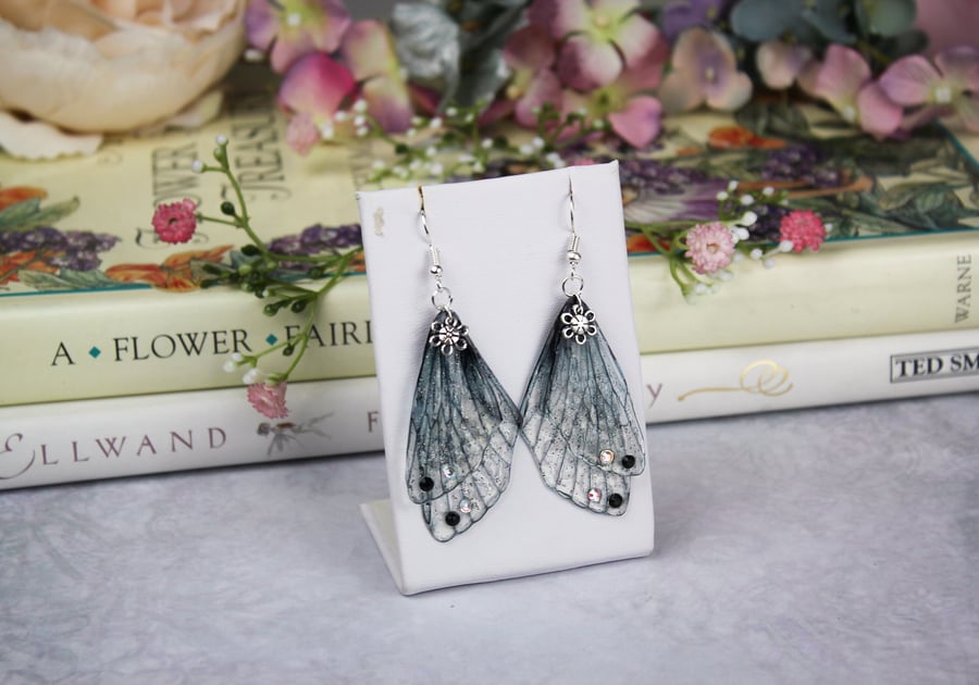 Beautiful Gothic Black Cicada Charm Sparkle Fairy Wing Earrings - Butterfly Boho