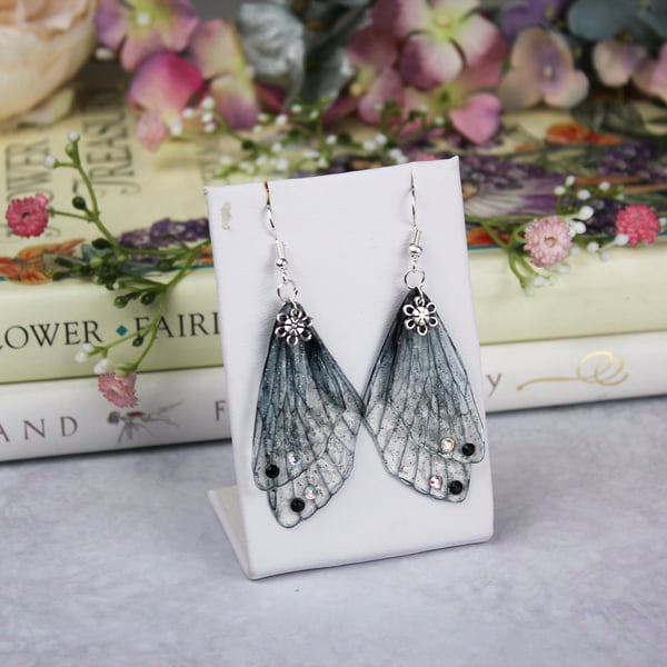 Beautiful Gothic Black Cicada Charm Sparkle Fairy Wing Earrings - Butterfly Boho