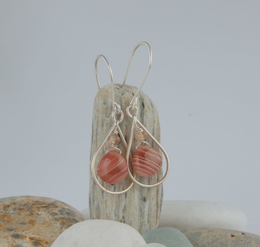 Rhodochrosite and sterling silver tear drop earrings (peach pink)
