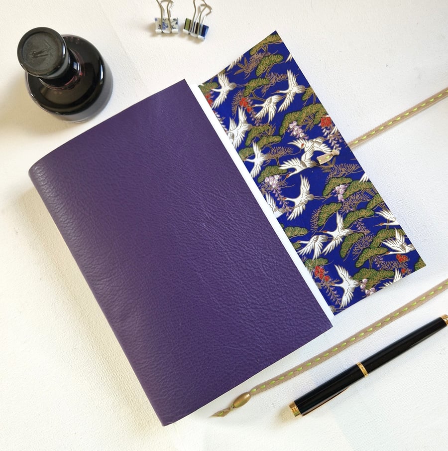 Purple Chiyogami Crane Journal, Sketchbook or Bujo, A5 size, Hand Bound