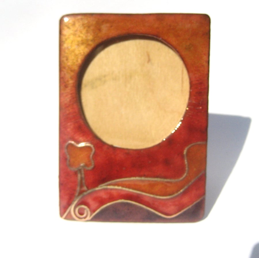 Enamelled photo frame in copper -Blues and ambers abstract design tree