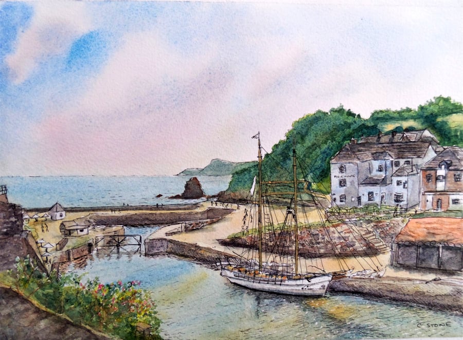 Original watercolour pen and wash painting, Charlestown Harbour, Cornwall