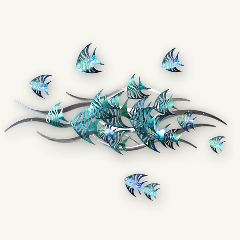 Handcrafted Shoal of Blue Fish Metal Wall Art – Ocean-Inspired Home Decor