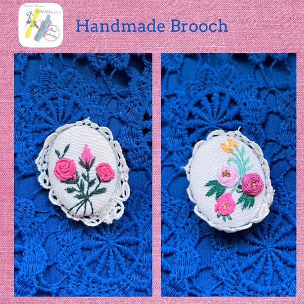 Set of 2 Handmade pin brooches ,hand embroidered brooches, oval shape brooch, fl
