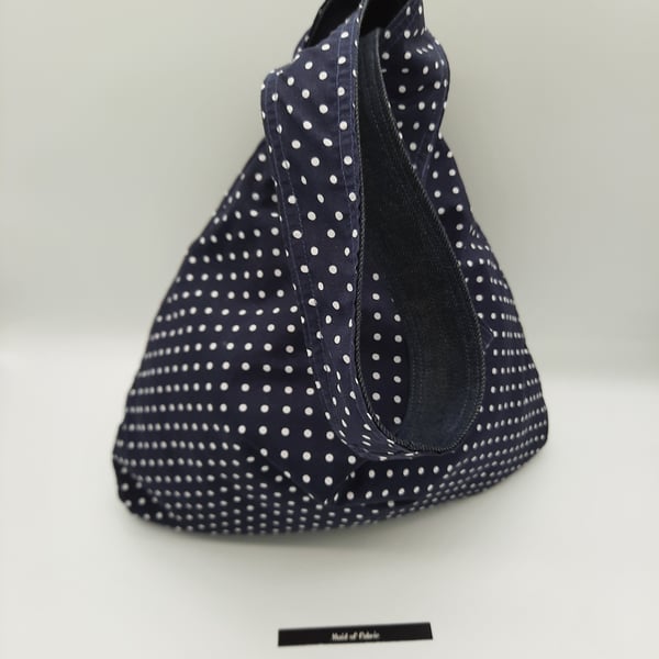 Navy and denim polkadot reversible knot bag,  shoulder bag 