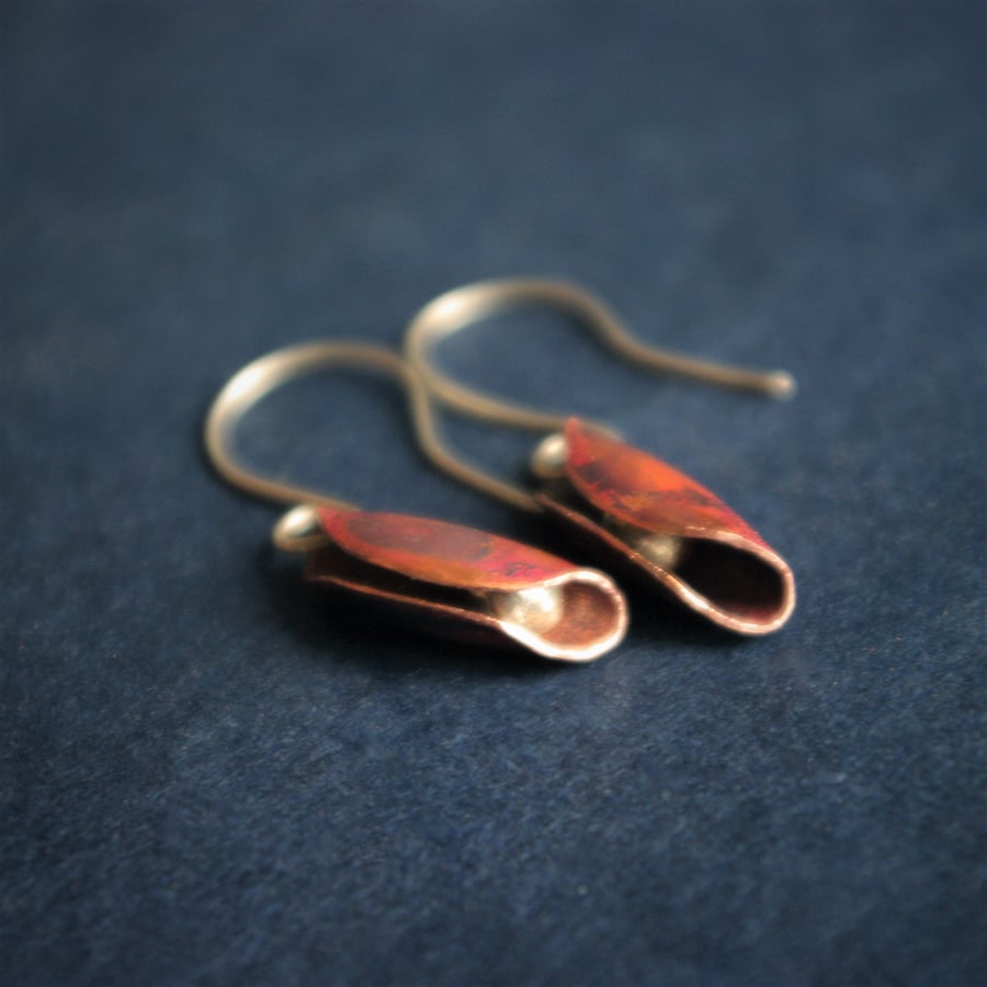 Copper Pod with Silver  Seed  Dangle Earrings