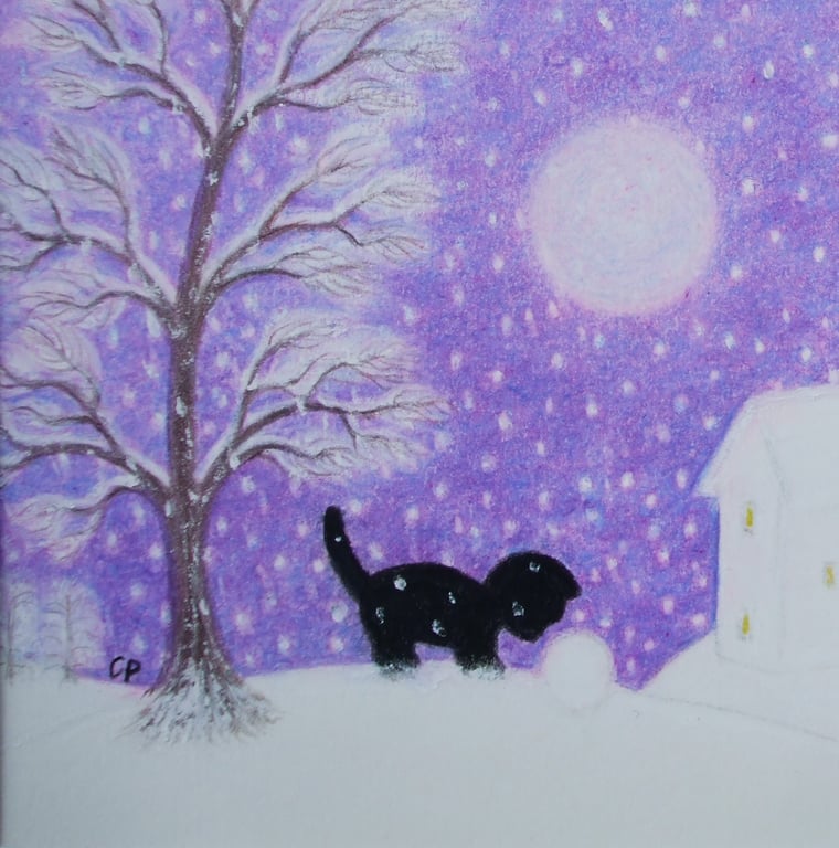 Christmas Card, Cat Daughter Card, Snow Tree Moon, Purple Winter Card, Kitten
