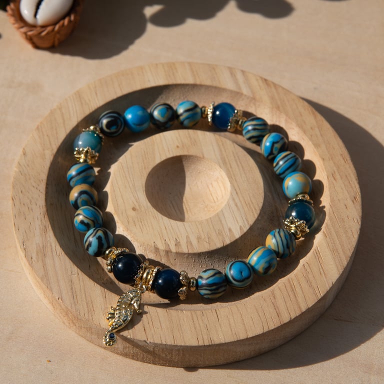 Blue Tidal Serenity Striped Agate Gemstone Bracelet with 18K Gold Plated Accents