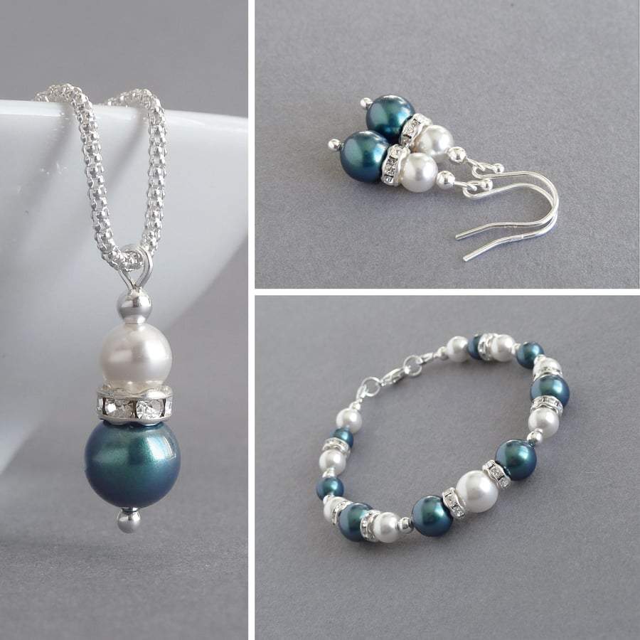 Dark Green Pearl Jewellery Set - Emerald Necklace, Bracelet and Earrings - Teal