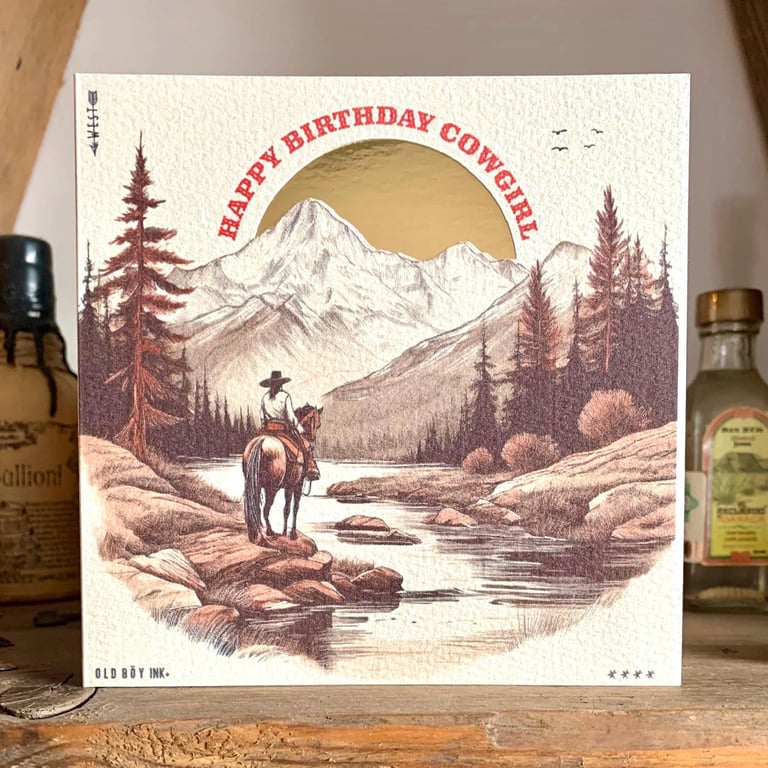 Handmade Happy Birthday Cowgirl Western Card - Off White Gold