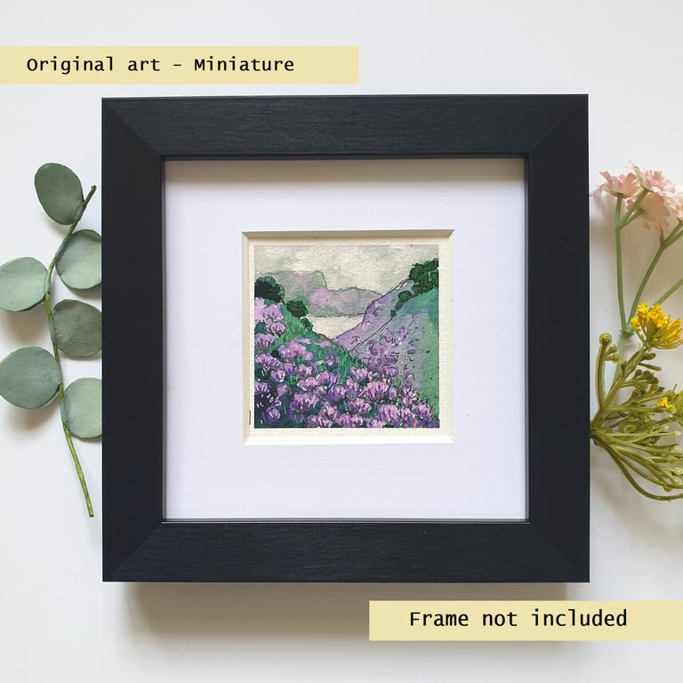 Miniature landscape painting - Scottish Highland hills with purple heather