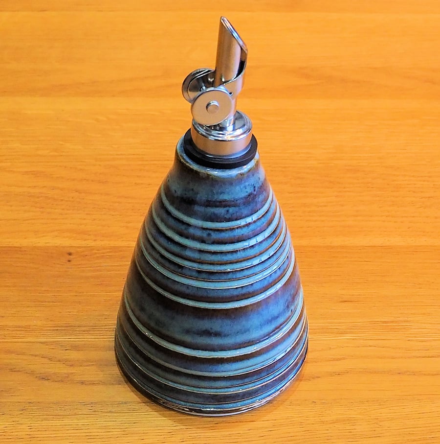 Oil or vinegar drizzler, blue glaze homemade pottery