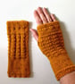 Fingerless Gloves Mittens Wrist Warmers in Mustard Tweed Aran Wool - Image 4
