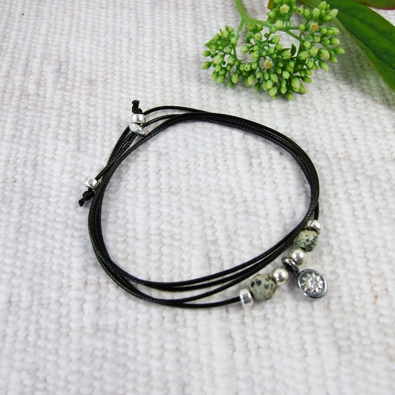 Silver Sunflower Pebble Wrap Bracelet or Necklace on Waxed Cord with Jasper