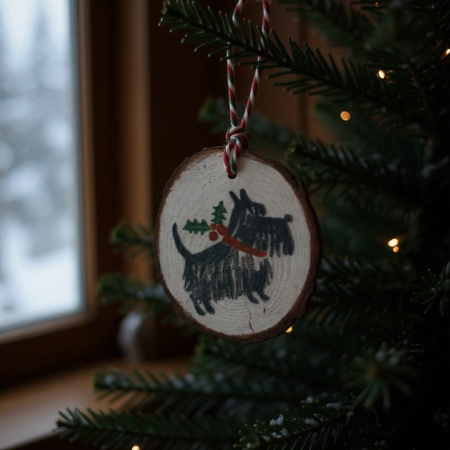 Scottie Dog with Holly & Berries Round Wooden Christmas Decoration Tree Ornament