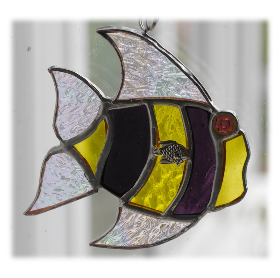 SOLD Tropical Fish Suncatcher Stained Glass Handmade Yellow Purple 024