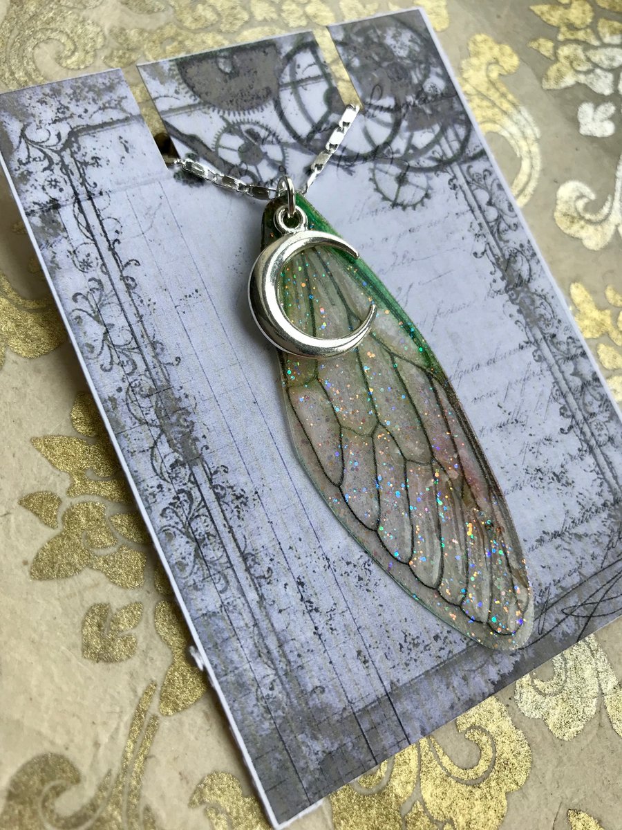 Sterling Silver Crescent Moon Green Glittery Fairy Wing Necklace