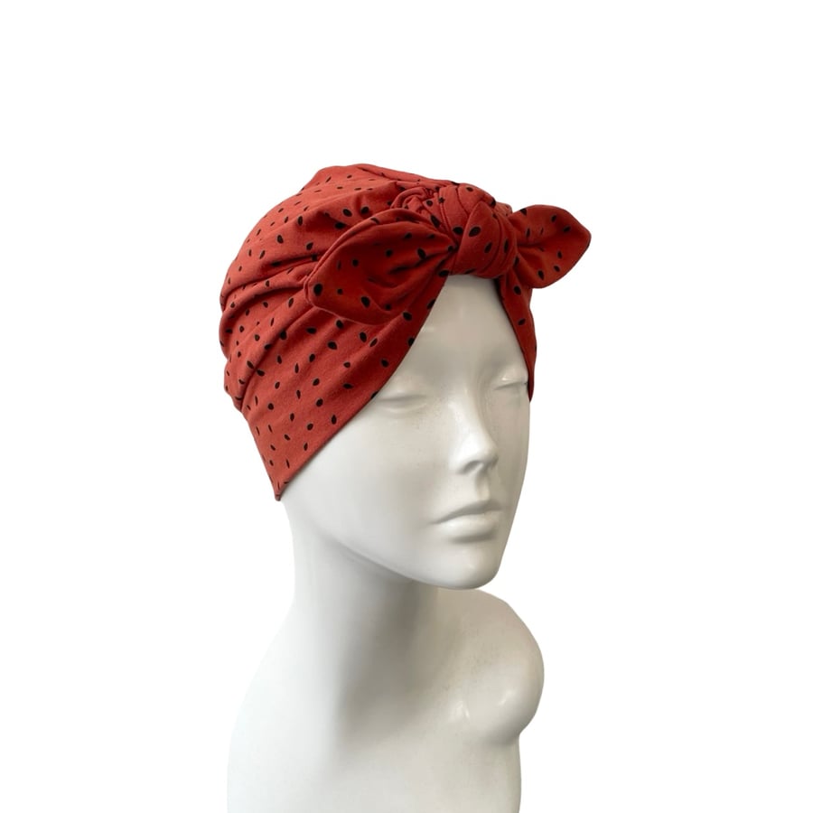 Vintage inspired style rust stretch jersey bow turban hat Turban head scarf 