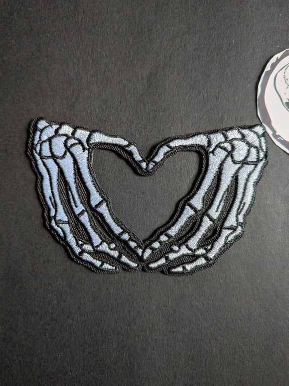 Skeleton Hands Heart Embroidered Iron-On Patch - 10x6.5cm