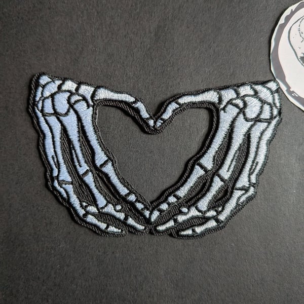 Skeleton Hands Heart Embroidered Iron-On Patch - 10x6.5cm