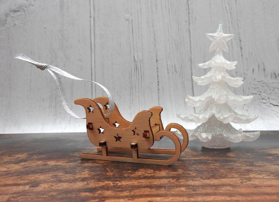 Mini Wooden Sleigh Christmas Decoration, Santa Sleigh Ornament
