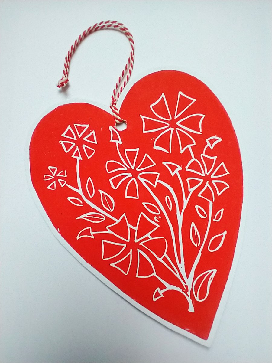 Love Heart - Hanging Lino Printed Valentine Card.
