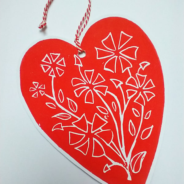 Love Heart - Hanging Lino Printed Valentine Card.