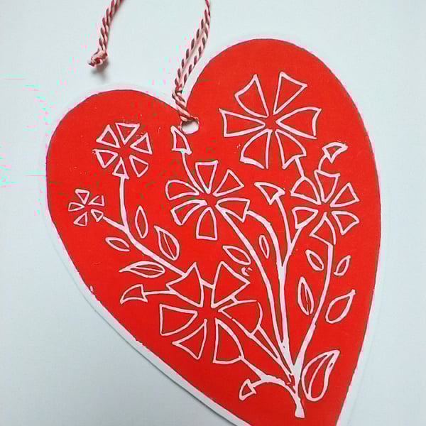Love Heart - Hanging Lino Printed Valentine Card.