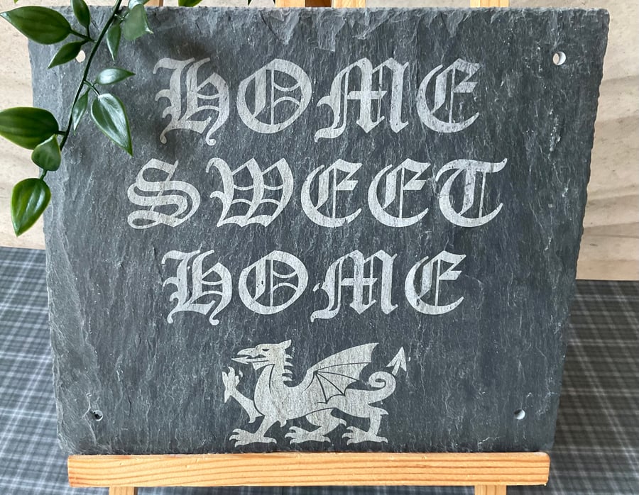 Medium Welsh Dragon, Home Sweet Home sign on slate. Reclaimed. Free delivery.