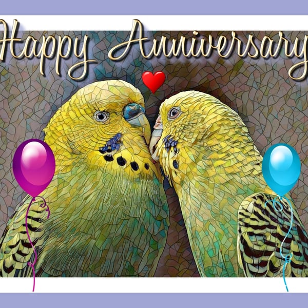 Happy Anniversary Budgies Kissing Card A5