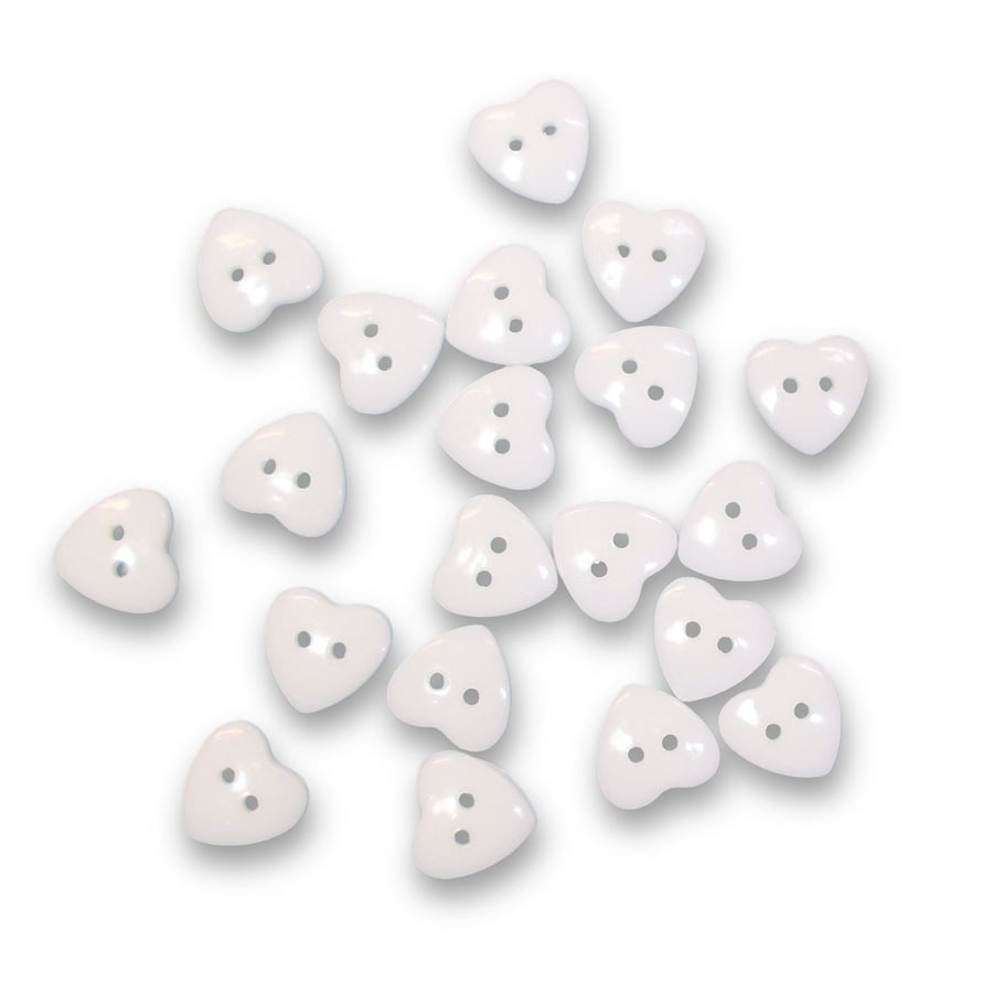 White Acrylic two hole heart buttons 15mm by 14mm - pack of 20