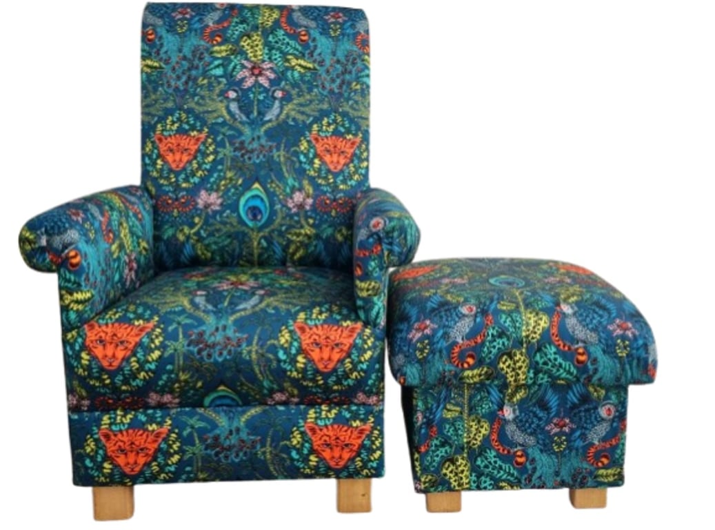 Emma Shipley Amazon Navy Sateen Fabric Adult Chair & Footstool Armchair Tigers