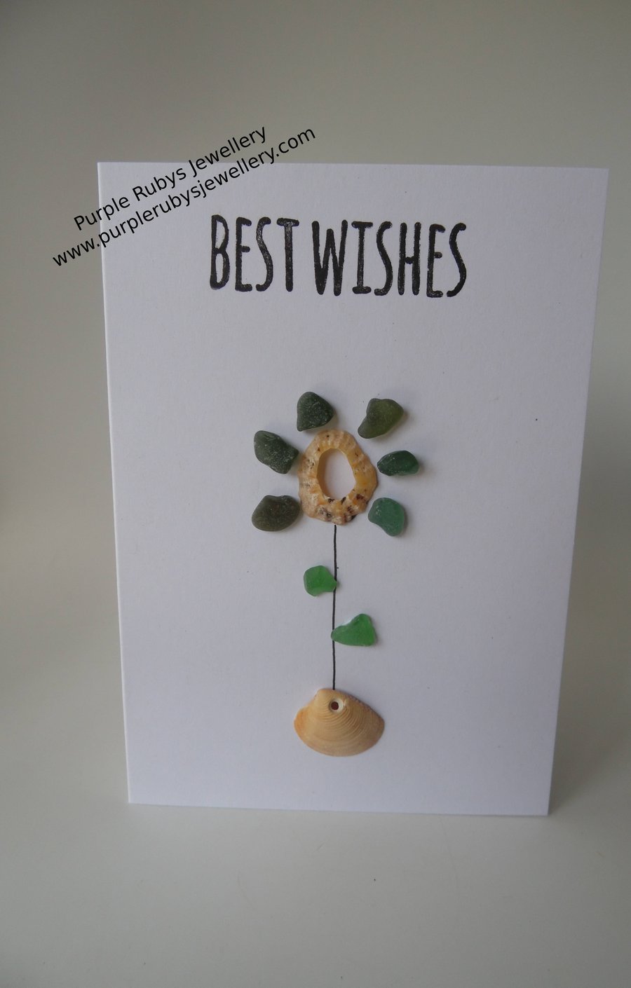 Best Wishes Sea Glass Flower in Sea Shell Vase Birthday Card C312