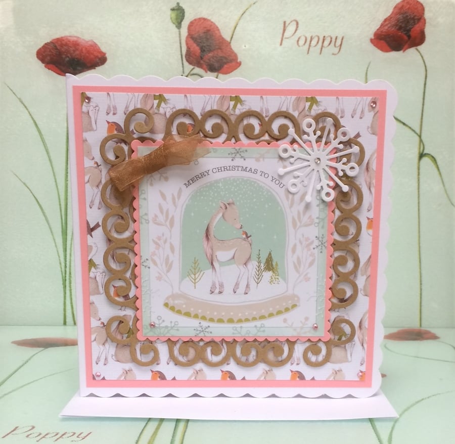 Christmas Card Reindeer Robin Snow Globe 3D Luxury Handmade Card