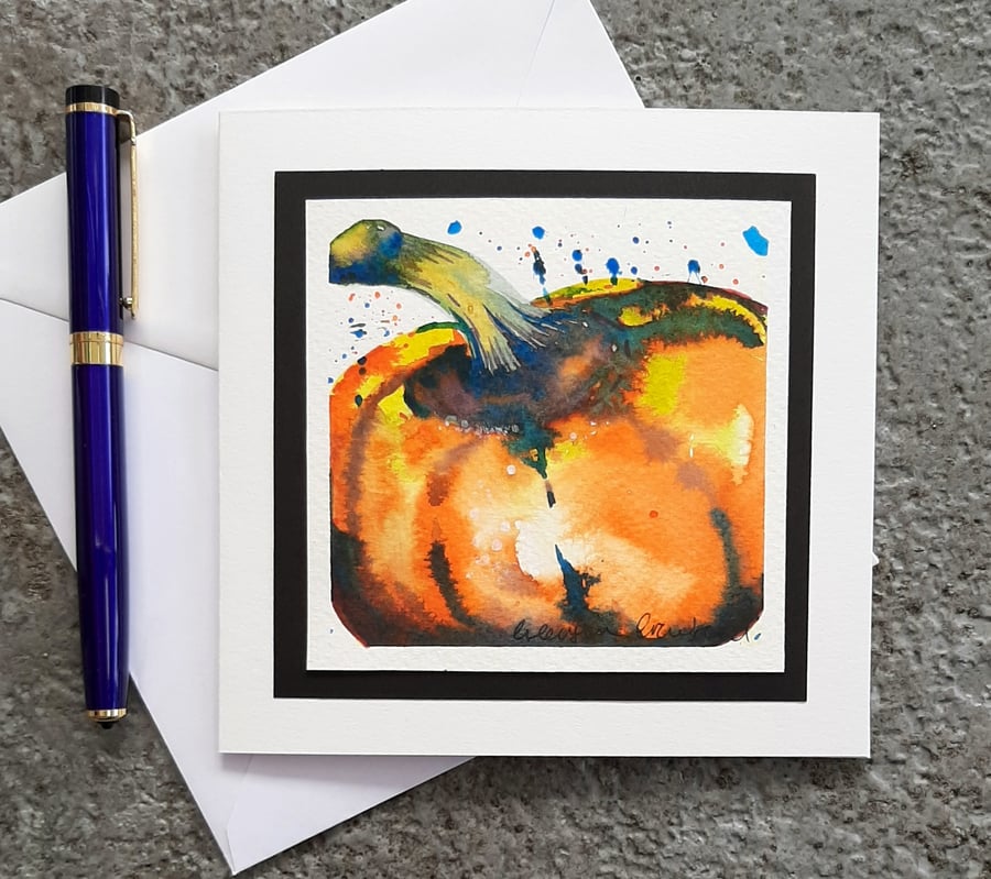 Pumpkin. Hand Painted Greetings Card. Blank For Your Own Message. Halloween
