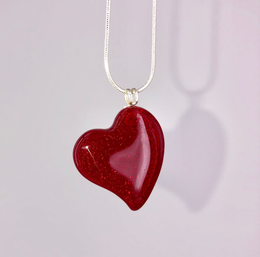 Red Glass Heart Silver Necklace