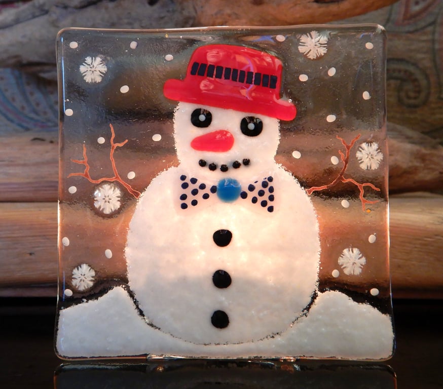 Handmade Fused Glass 'SnowMan' T Light Holder