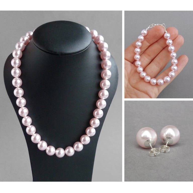 Chunky Blush Pink Pearl Jewellery Set - Light Pink Necklace, Bracelet & Earrings