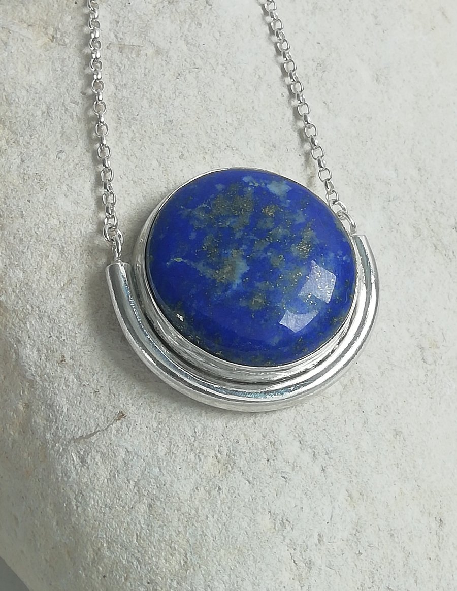Lapis Cabochon in a Silver Semi Circle Necklace