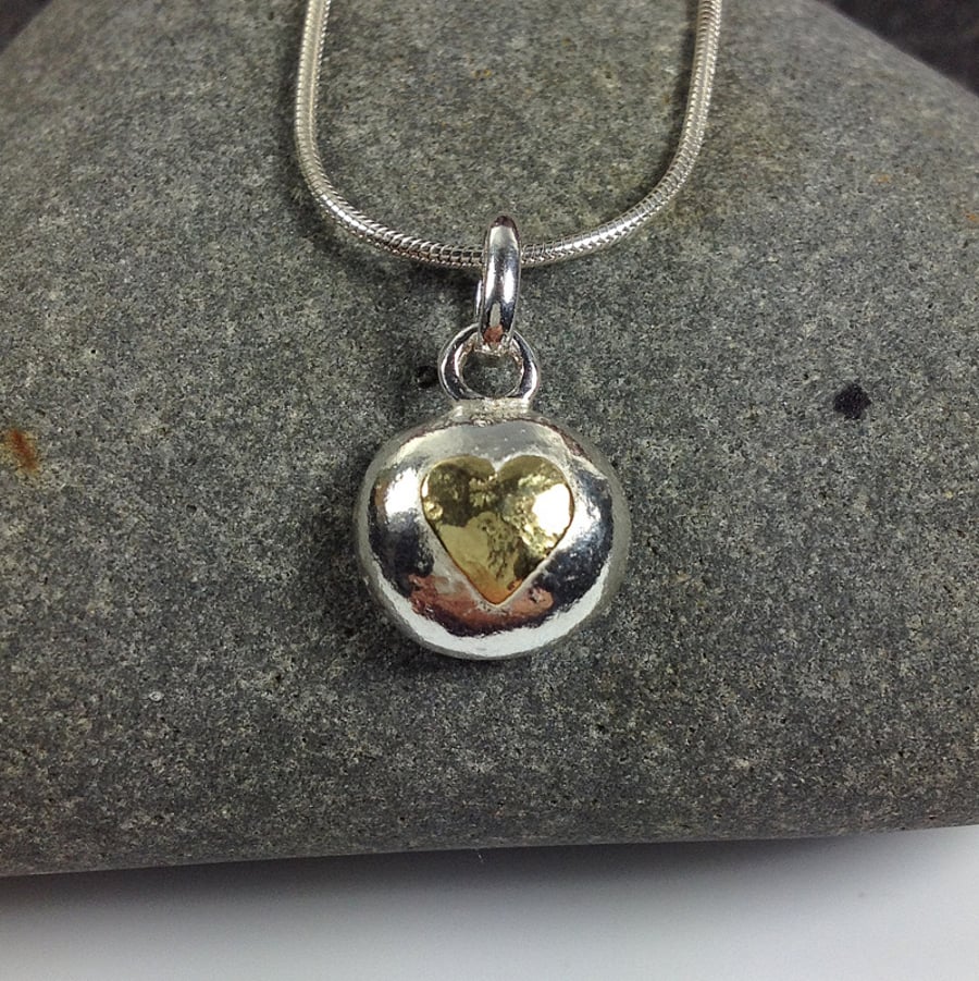 Silver and gold heart pebble pendant and chain