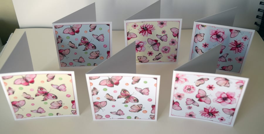 6 Pink Flower and Butterfly Notecards 3 x 3 Inch Blank Cards and Envelopes