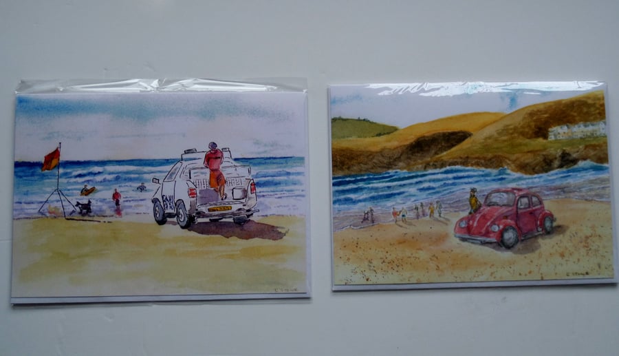 Beach collection two blank greetings cards lifeguard  and Beetle car Cornwall