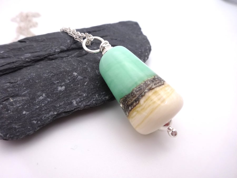 lampwork glass green beach pendant, sterling silver chain necklace