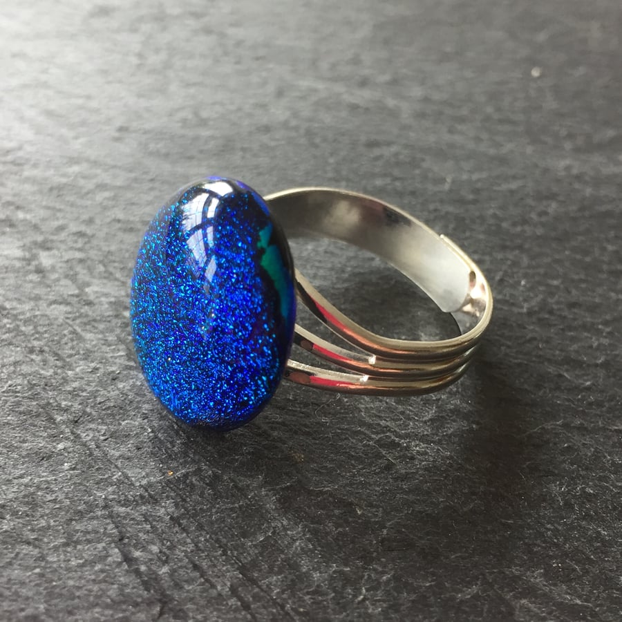 Blue sparkly ring, dichroic fused glass - adjustable