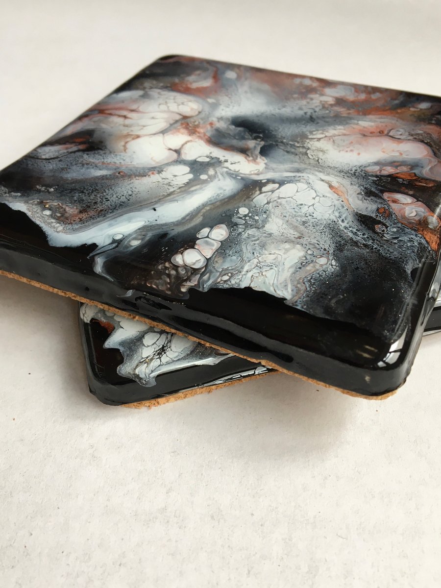 White, copper, black, abstract flower coasters, set of 2, acrylic, resin.  