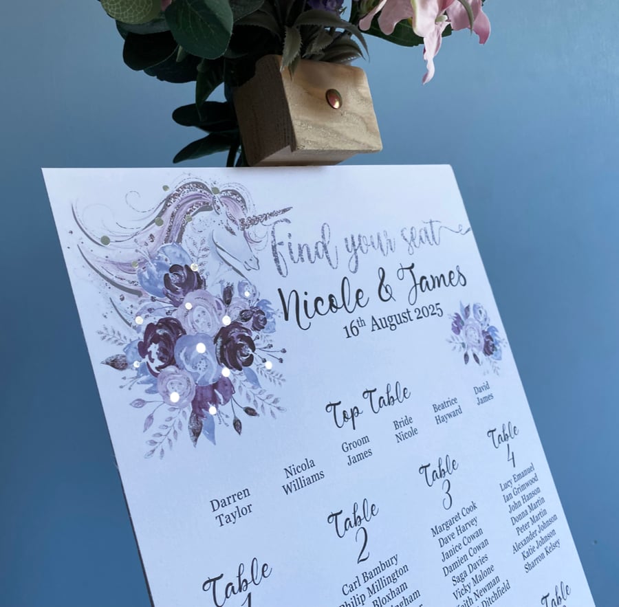 UNICORN pink purple flowers WEDDING table seating PLAN card silver foliage