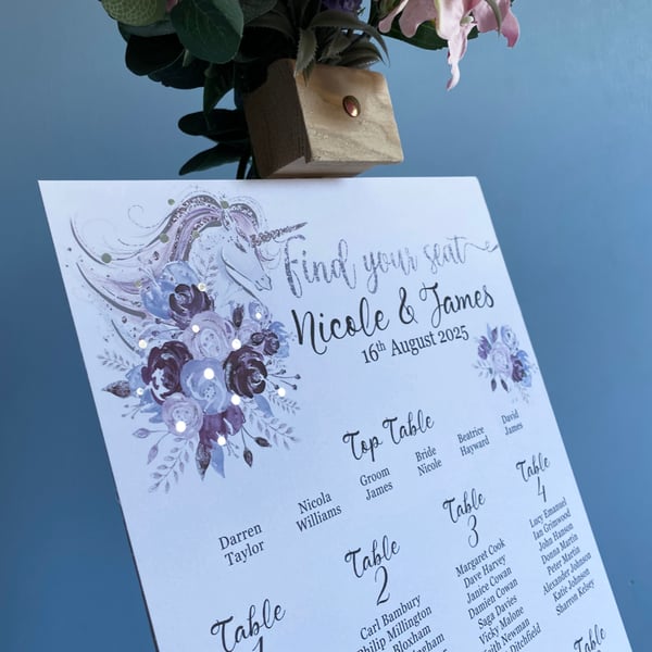 UNICORN pink purple flowers WEDDING table seating PLAN card silver foliage