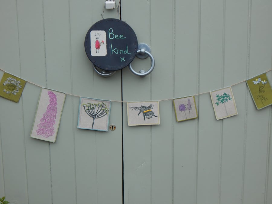 Bee and wild flower screen printed bunting or wall hanging -130cm