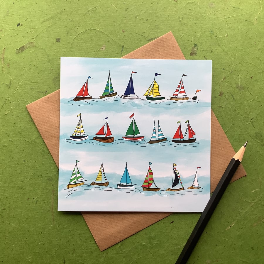 Regatta - blank greetings card from digital illustration. Boats. Coast.