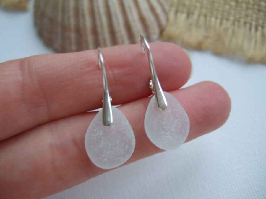 Sea glass earrings, white Seaham sea glass earrings, minimalist shaped earrings